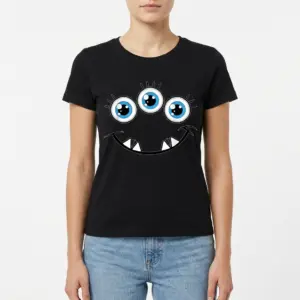 Cute Three Eyed Monster Graphic T-Shirt 9 Detail shot of the three-eyed monster t-shirt highlighting the bright eyes and smile.