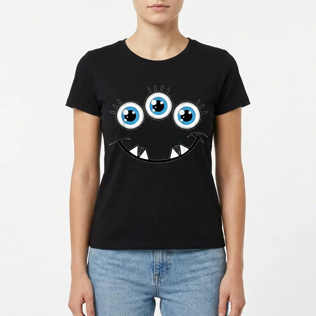 Cute Three Eyed Monster Graphic T-Shirt 4 Detail shot of the three-eyed monster t-shirt highlighting the bright eyes and smile.
