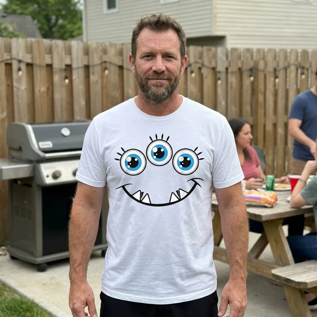 Cute Three Eyed Monster Graphic T-Shirt 6 Person wearing the cute three-eyed monster t-shirt in a playful outdoor setting.