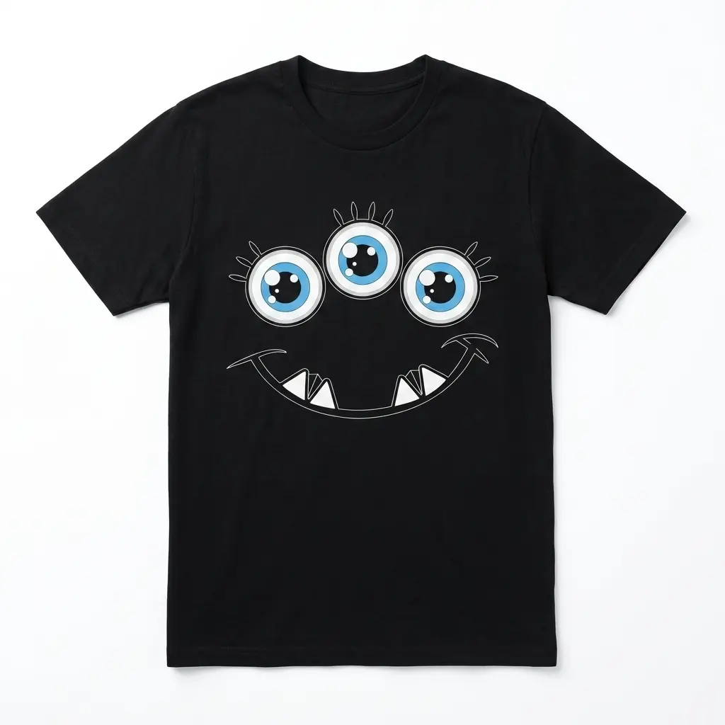 Cute Three Eyed Monster Graphic T-Shirt 1 Black t-shirt featuring a cute three-eyed monster graphic with a smiling mouth.