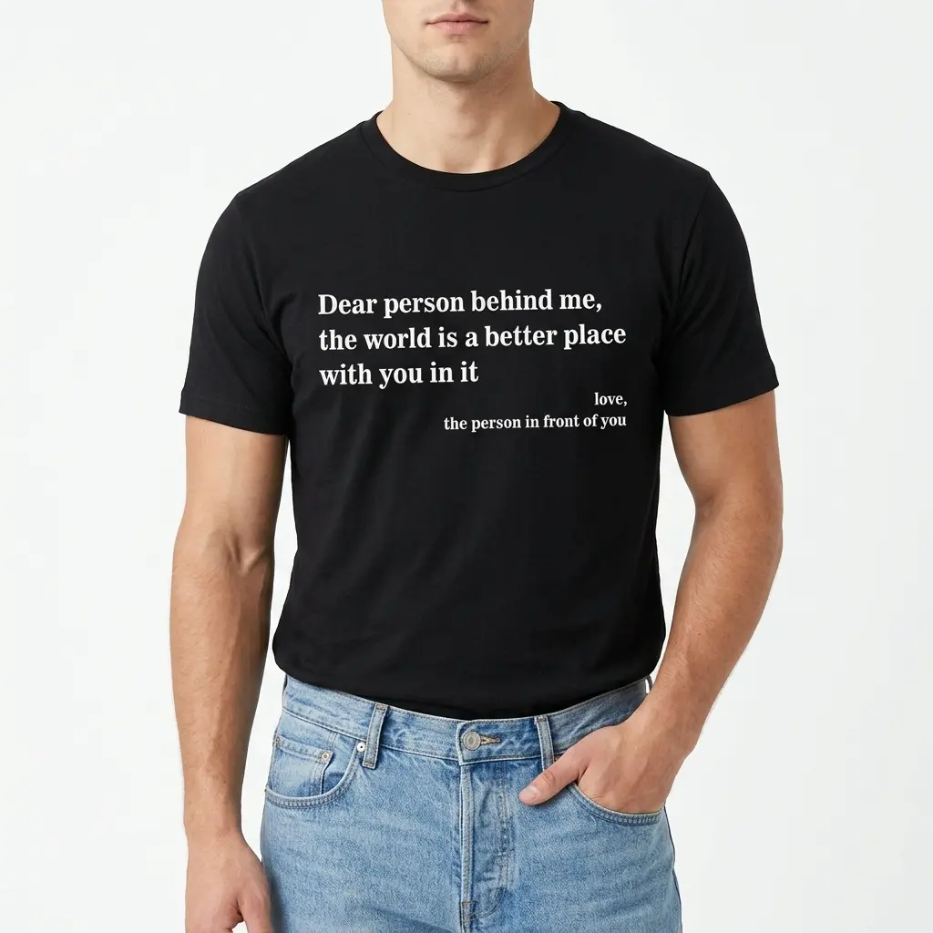 Dear Person Behind Me Positive Graphic T-Shirt 3 Close-up of positive text design on back of T-shirt.