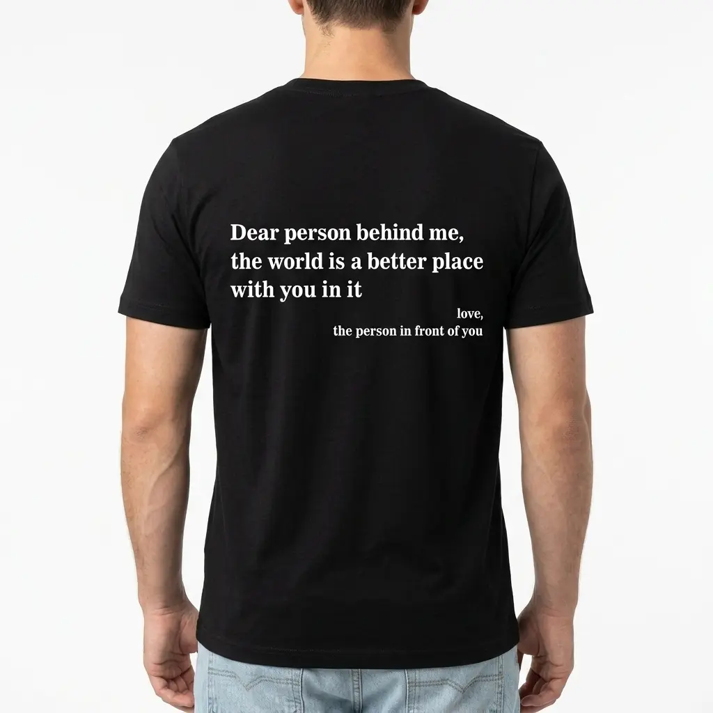 Dear Person Behind Me Positive Graphic T-Shirt 5 Side view of black T-shirt showing sleeve and silhouette.
