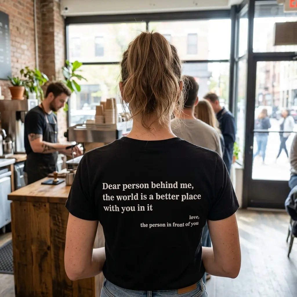 Dear Person Behind Me Positive Graphic T-Shirt 6 Person wearing black T-shirt with positive text on back in a casual setting.