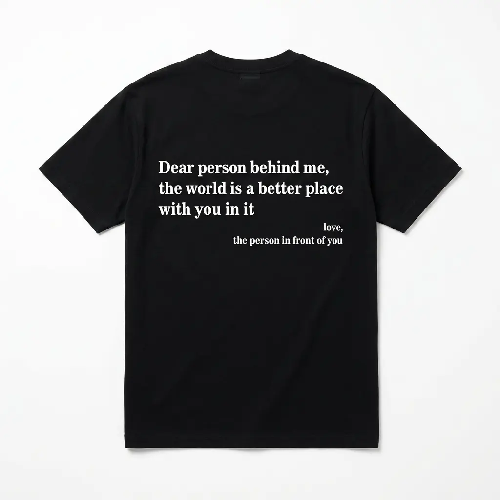 Dear Person Behind Me Positive Graphic T-Shirt 1 Back view of black T-shirt with positive text design.