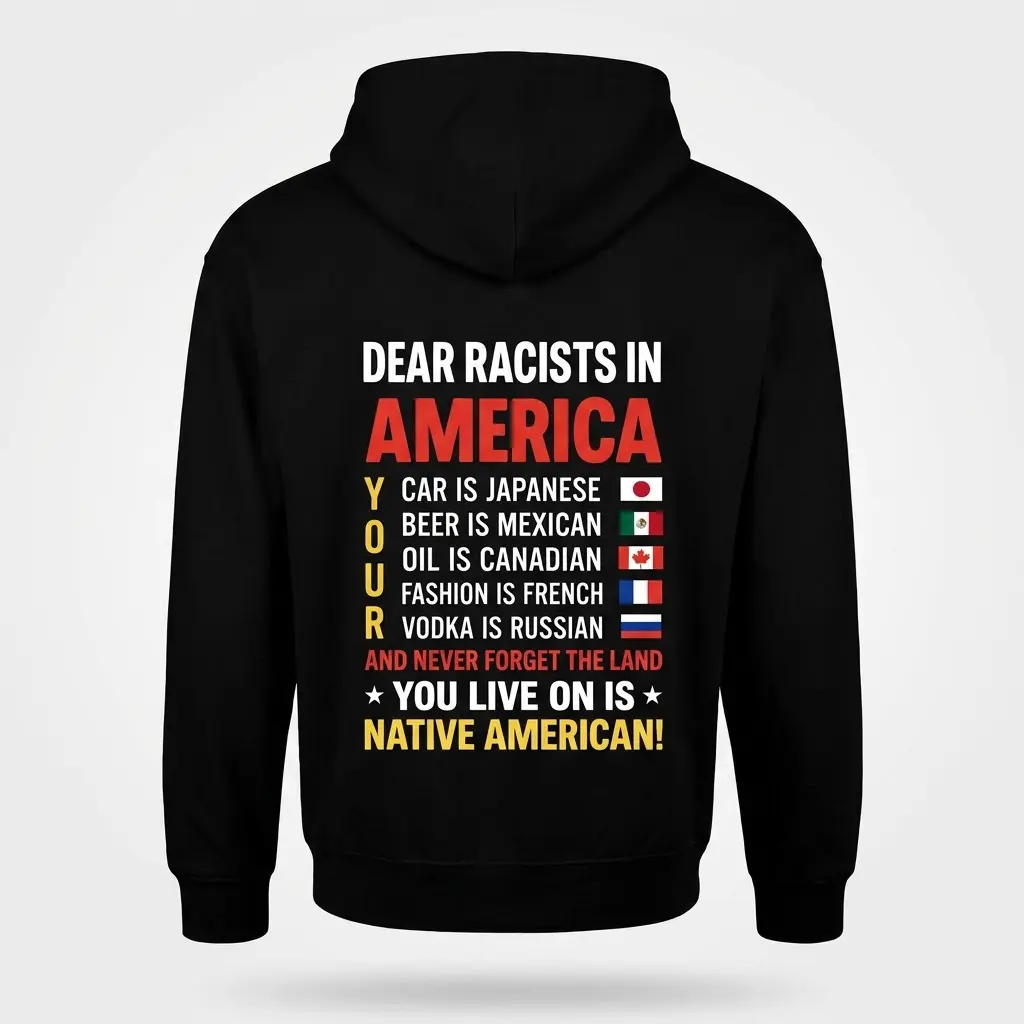 Dear Racists in America Native American T-Shirt 2 Back flat lay of black hoodie featuring the Dear Racists in America typography and flag graphics.
