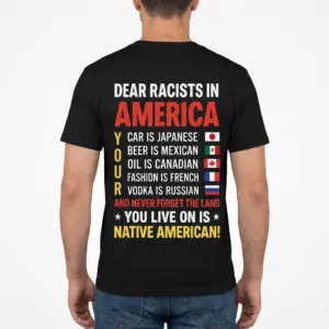 Dear Racists in America Native American T-Shirt 9 Rear view of a man wearing the black Dear Racists in America graphic T-shirt.