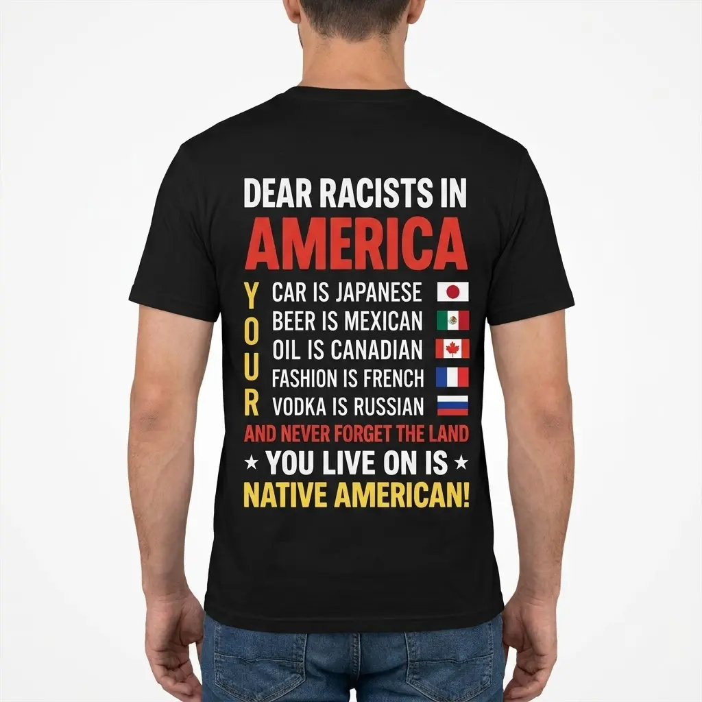 Dear Racists in America Native American T-Shirt 4 Rear view of a man wearing the black Dear Racists in America graphic T-shirt.
