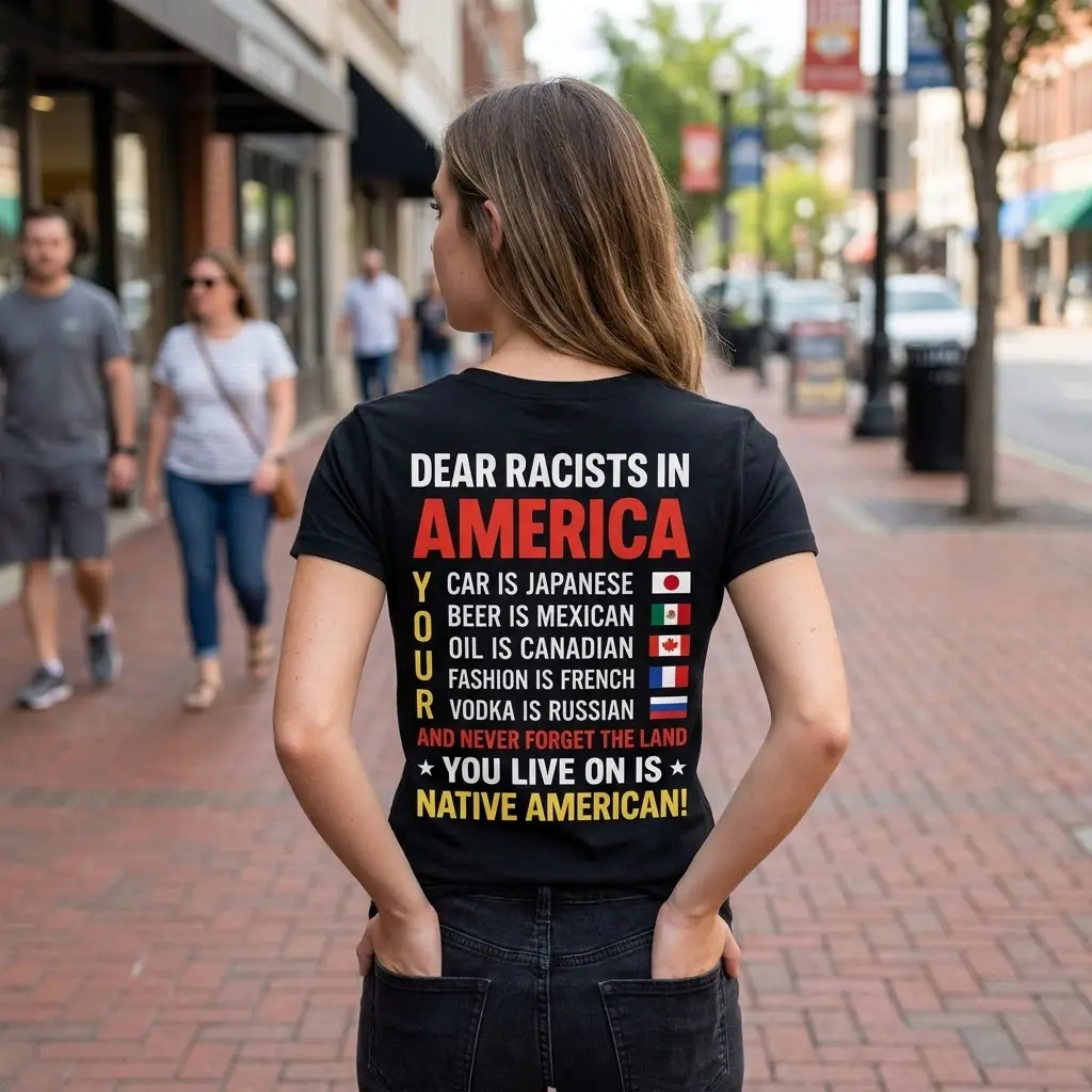 Dear Racists in America Native American T-Shirt 5 Back view of the Dear Racists in America Shirt styled in an everyday lifestyle setting.