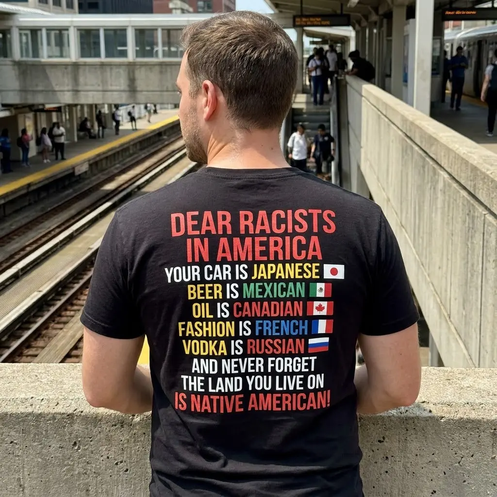 Dear Racists in America Native American T-Shirt 6 Lifestyle view showcasing the back graphic of the Dear Racists in America Shirt.