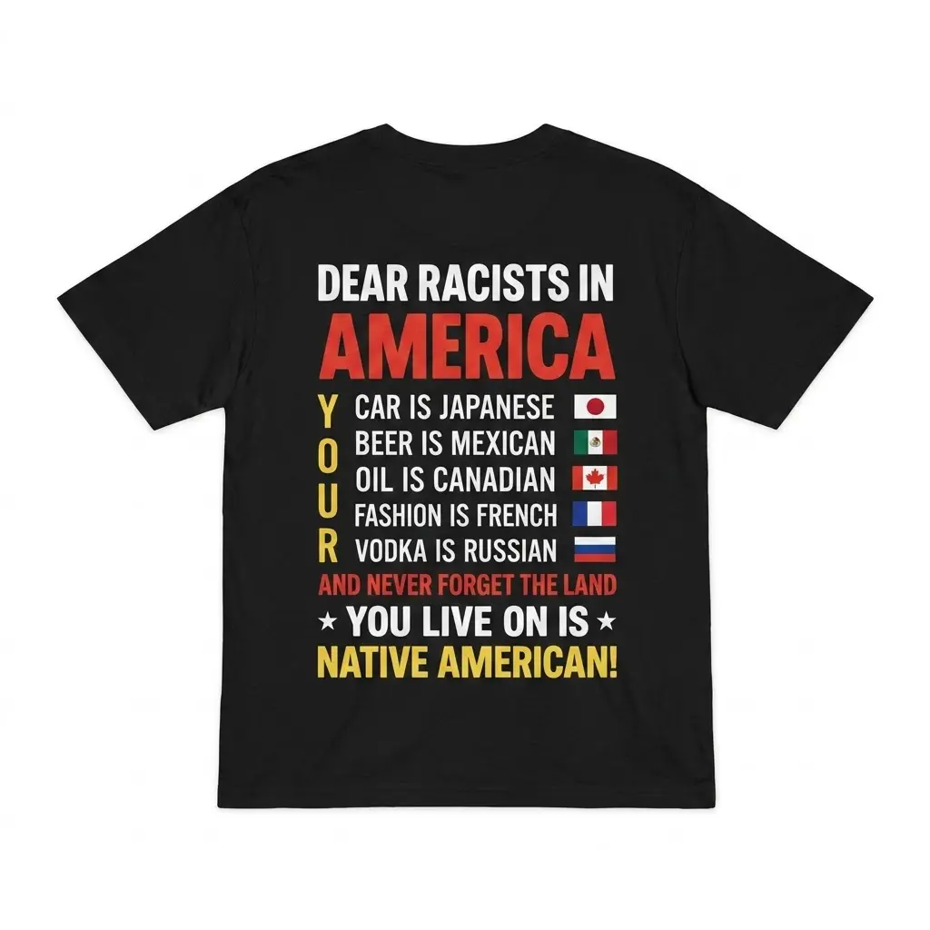Dear Racists in America Native American T-Shirt 1 Back flat lay of black Dear Racists in America T-shirt with multicultural text, country flags, and Native American statement.