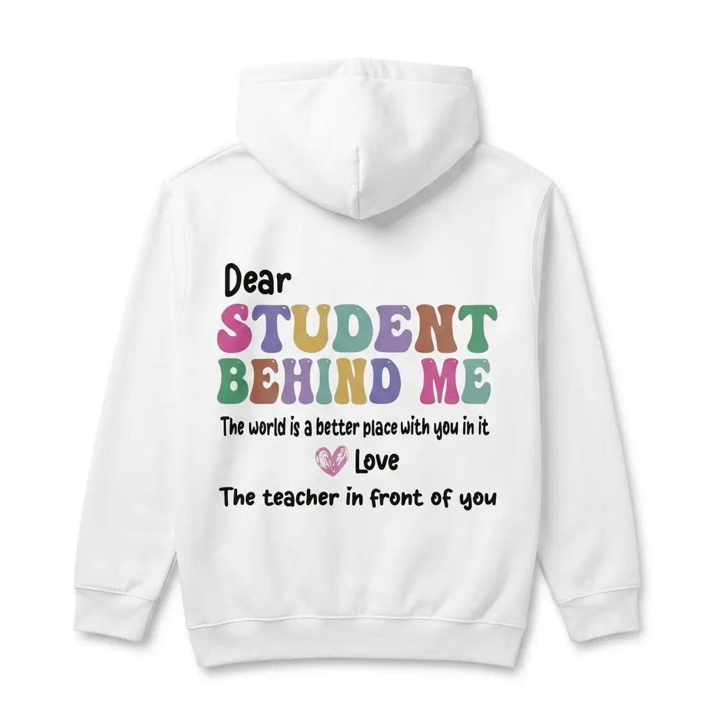 Back view of a white shirt displaying the phrase 'The world is a better place with you in it'.