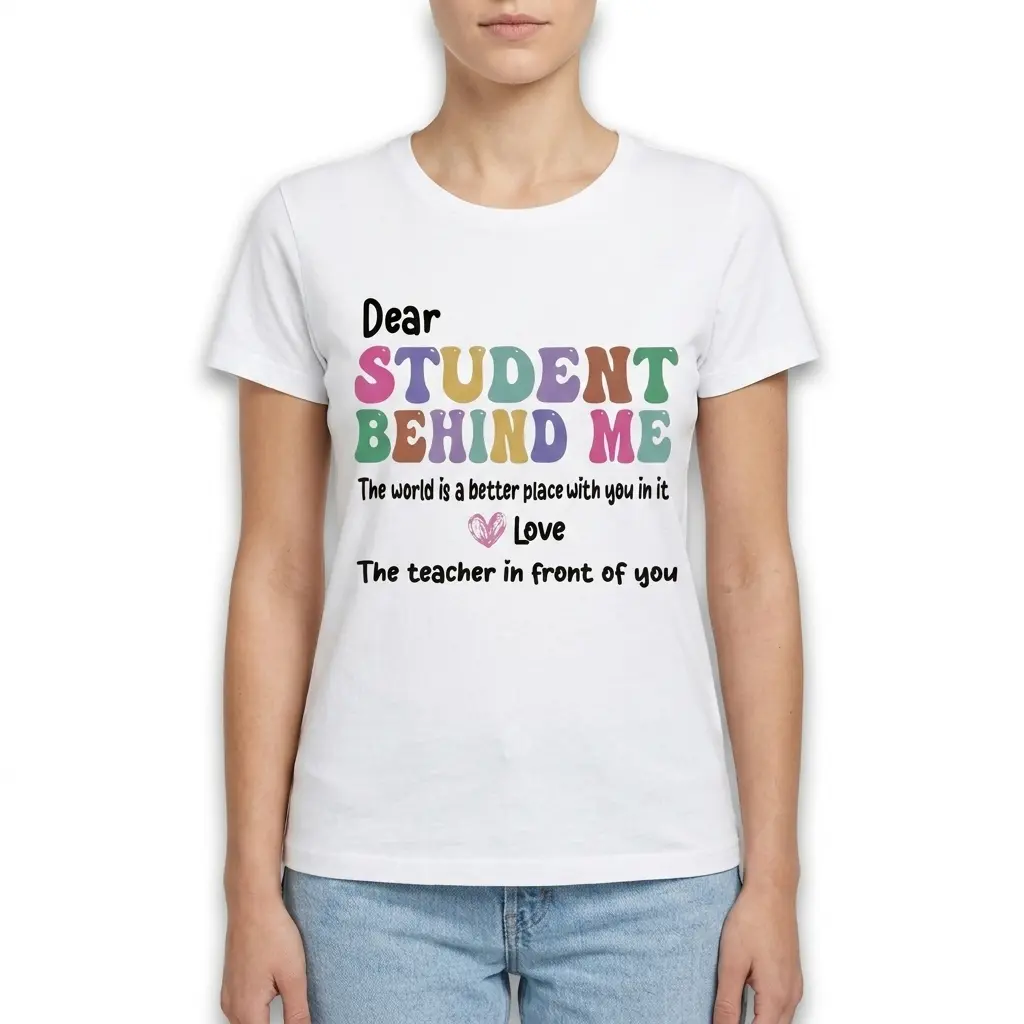 Descriptive text on the t-shirt in a playful, colorful font.