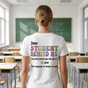 Dear Student Behind Me Retro Teacher T-Shirt 11 A teacher wearing the 'Dear Student Behind Me' t-shirt in a classroom setting.