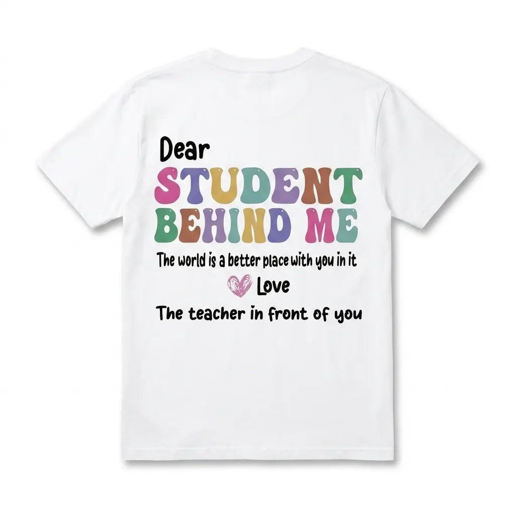 White t-shirt featuring colorful text: 'Dear Student Behind Me' on the back.