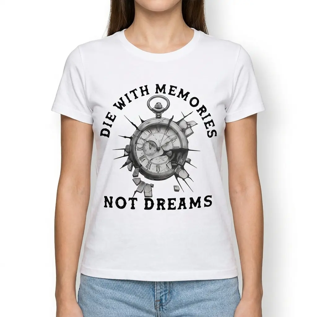 Die With Memories Not Dreams Vintage T-Shirt 4 Close-up of the vintage T-shirt showing detailed clock design.