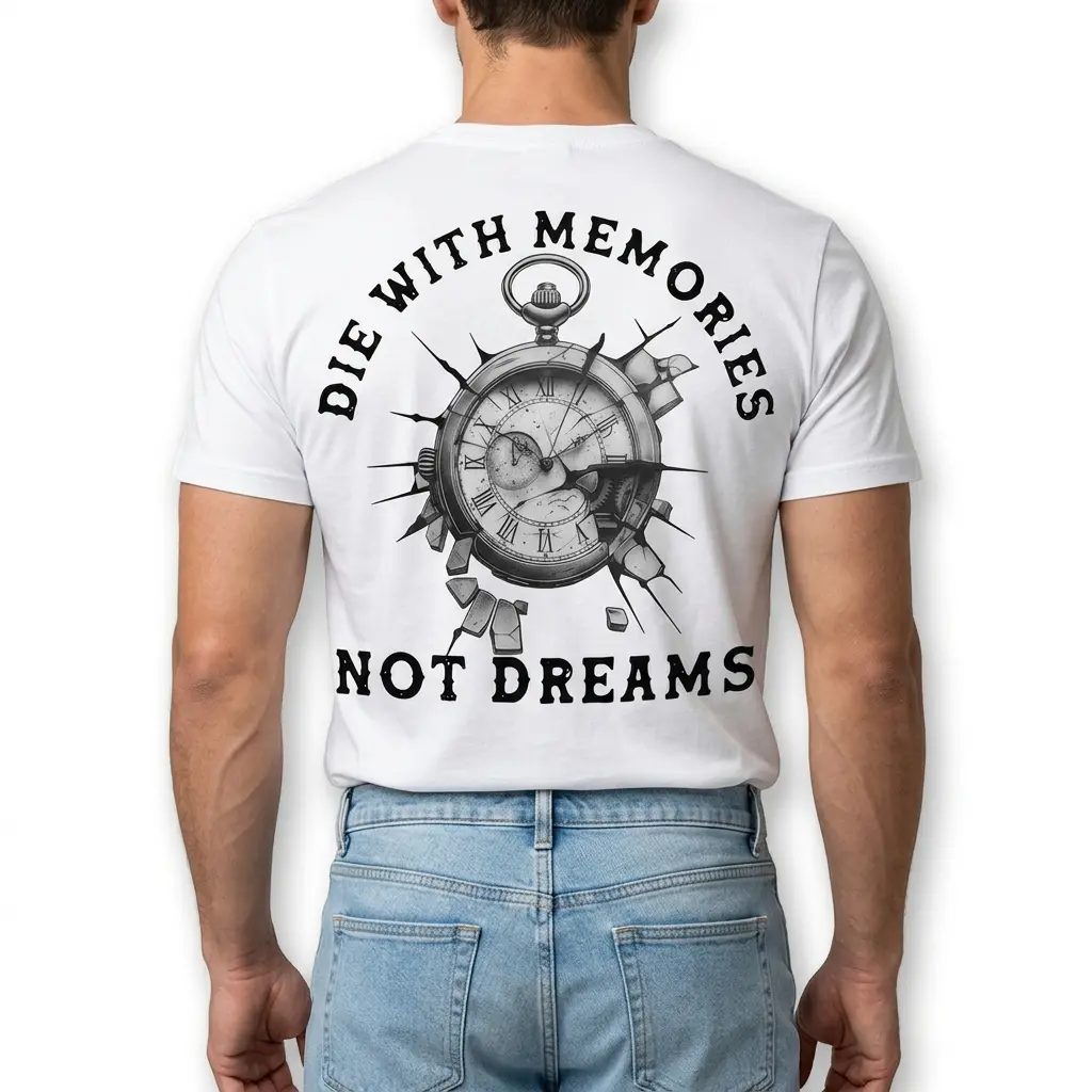 Die With Memories Not Dreams Vintage T-Shirt 5 Flat lay of 'Die With Memories Not Dreams' T-shirt displaying overall design.