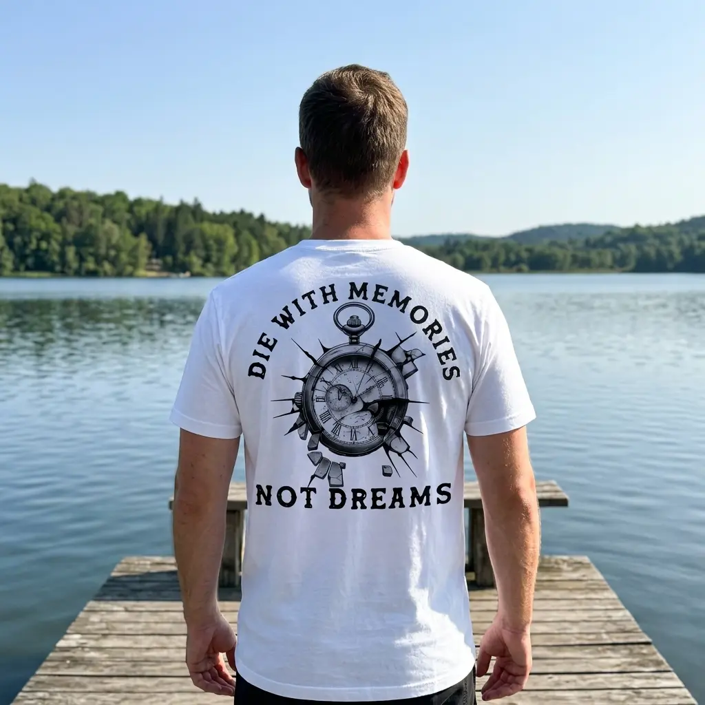 Die With Memories Not Dreams Vintage T-Shirt 6 Person wearing the vintage T-shirt in a casual setting outdoors.