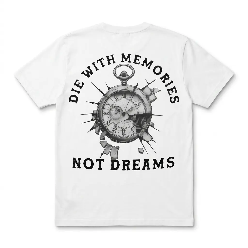 Die With Memories Not Dreams Vintage T-Shirt 1 Back view of the 'Die With Memories Not Dreams' vintage T-shirt with clock design.
