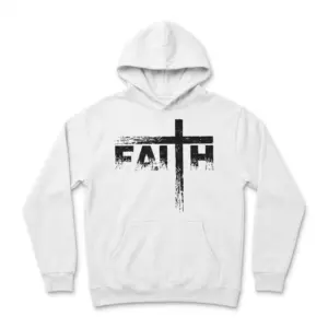 Distressed Faith Cross Christian Graphic T-Shirt 7 Front view of a white t-shirt with a graphic design showcasing a cross and the word 'FAITH'.