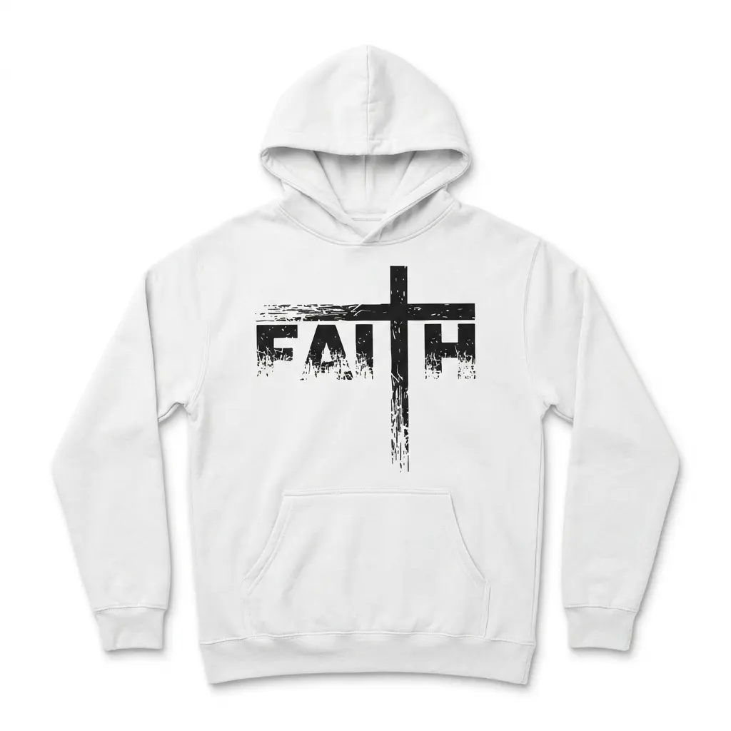Front view of a white t-shirt with a graphic design showcasing a cross and the word 'FAITH'.
