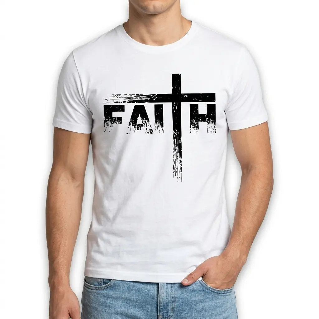 Detailed view of a white t-shirt displaying a distressed print of a cross and 'FAITH'.