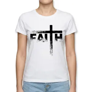 Distressed Faith Cross Christian Graphic T-Shirt 9 Mockup of a white Christian graphic t-shirt with a bold distressed cross design.