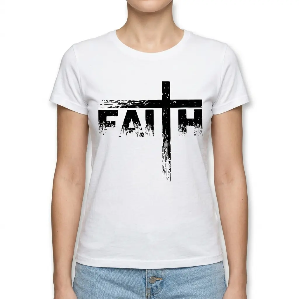 Mockup of a white Christian graphic t-shirt with a bold distressed cross design.