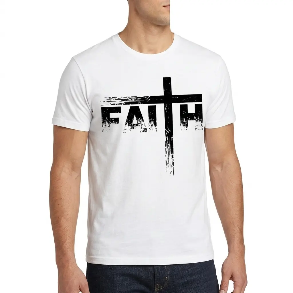 A simple white t-shirt featuring the text 'FAITH' and a cross, emphasizing Christian faith.