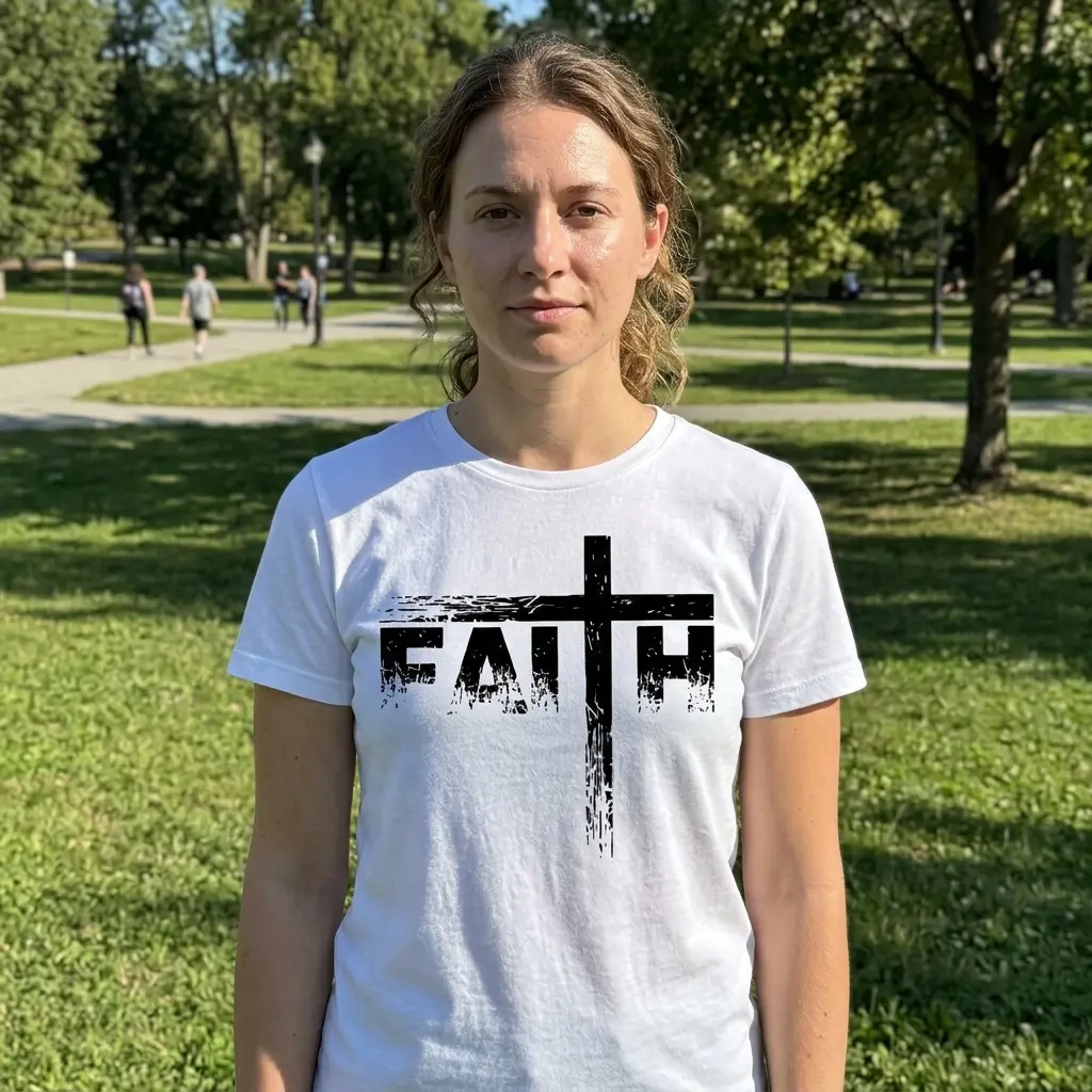 Model wearing a white t-shirt with a distressed cross and 'FAITH' in a casual outdoor setting.