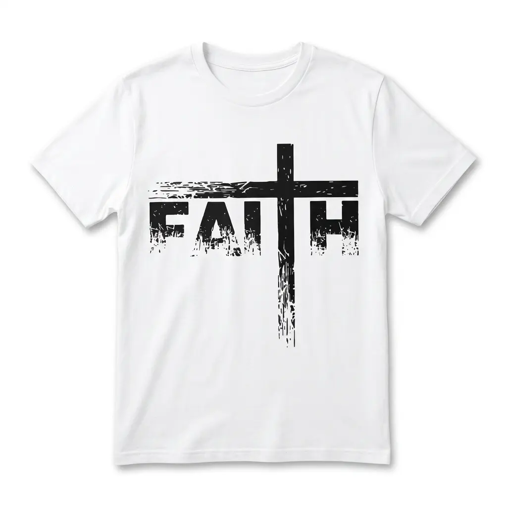 White t-shirt featuring a distressed black cross and the word 'FAITH' in bold lettering.