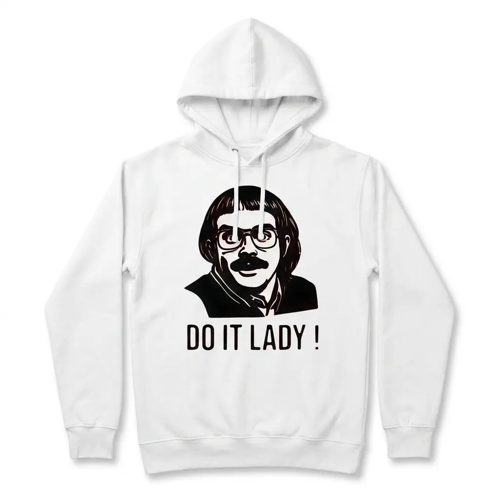 Do It Lady Funny Retro Caricature T-Shirt 2 Front view of white T-shirt displaying humorous caricature and text.