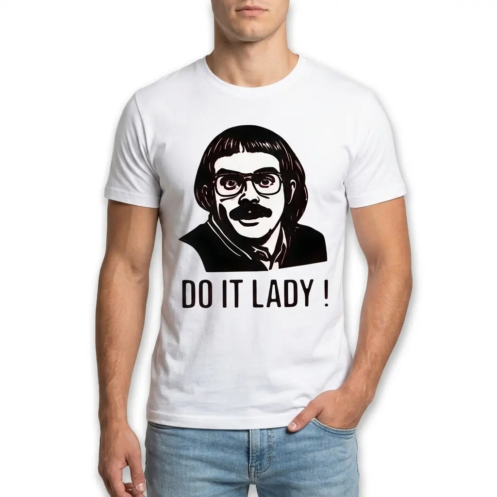 Do It Lady Funny Retro Caricature T-Shirt 3 Close-up of retro caricature design on white shirt.