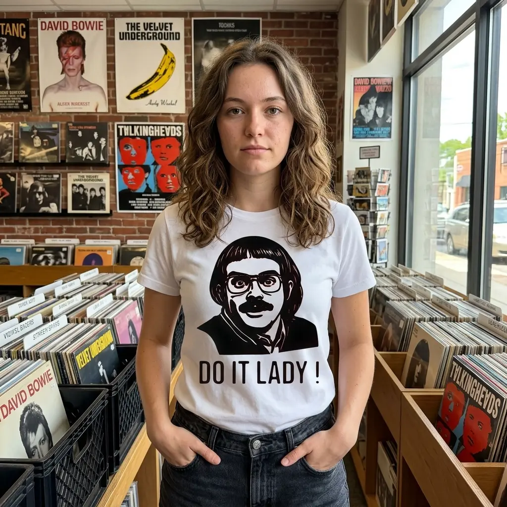 Do It Lady Funny Retro Caricature T-Shirt 6 Person wearing T-shirt with funny retro design and text.