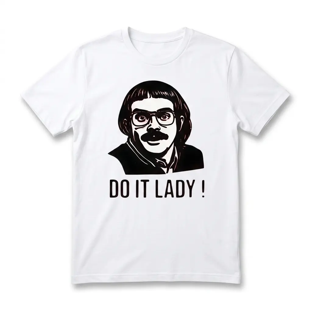 Do It Lady Funny Retro Caricature T-Shirt 1 White T-shirt with funny caricature and 'Do It Lady!' text.