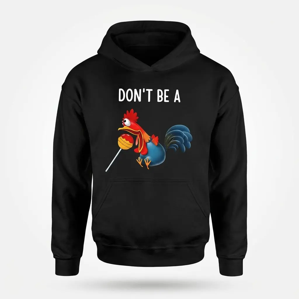 Front flat lay of a hoodie featuring the Don't Be A rooster sucker pun graphic printed on the chest.