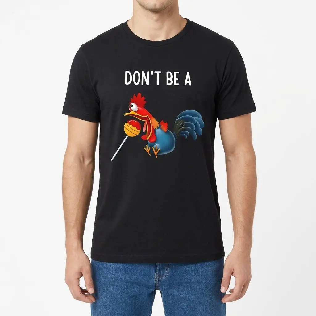Front view of a man wearing the black funny rooster pun t-shirt with a lollipop graphic.