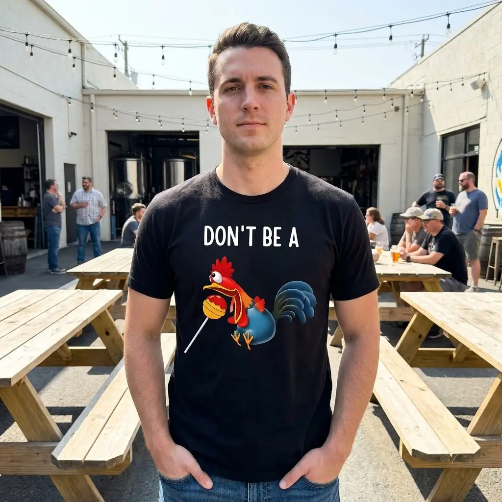 Lifestyle view of the Don't Be A rooster pun graphic t-shirt worn in an everyday setting.