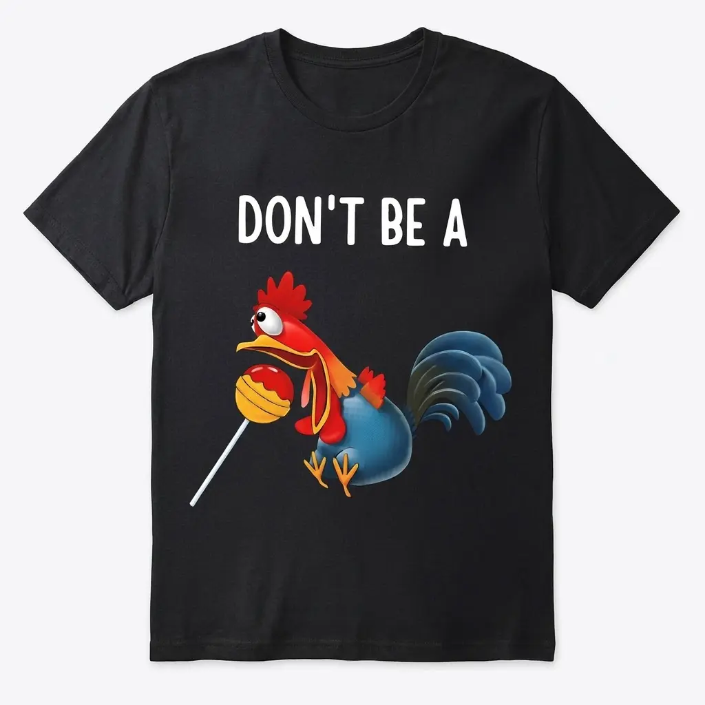 Flat lay of a black t-shirt with text reading Don't Be A above a cartoon rooster eating a lollipop.