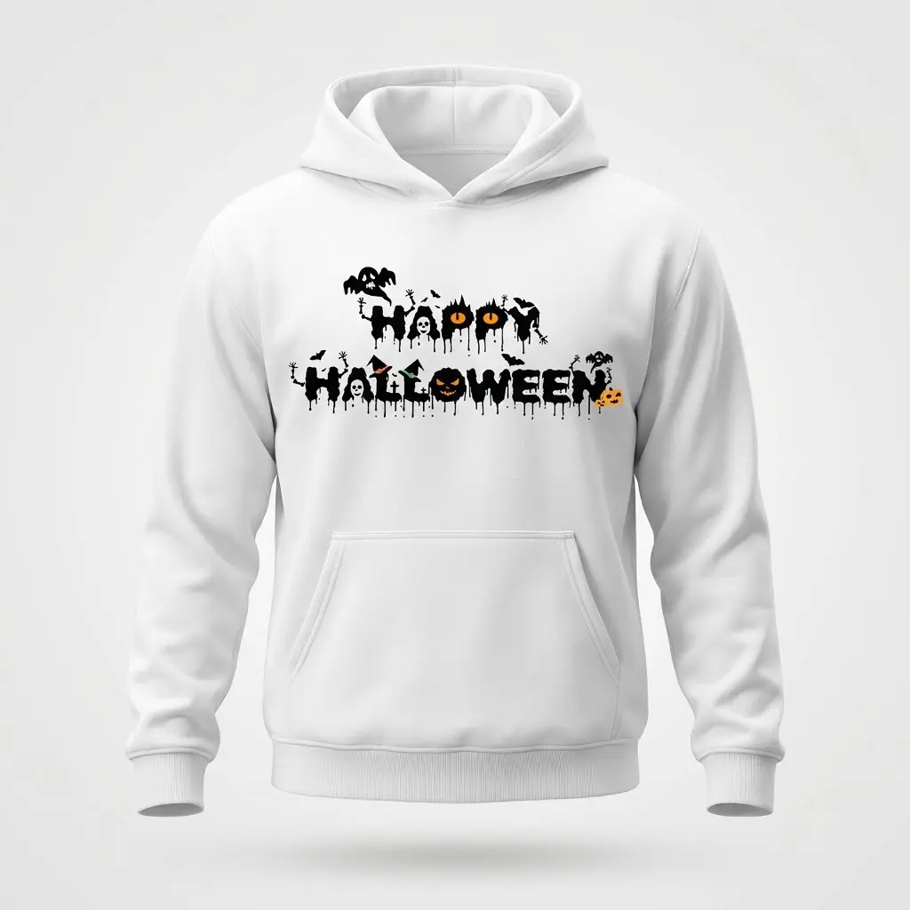 Front flat lay of a hoodie printed with the dripping Happy Halloween spooky graphic design.