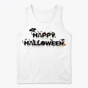 Dripping Happy Halloween Graphic T-Shirt 8 Front flat lay of a tank top with the dripping Happy Halloween text and festive spooky icons.