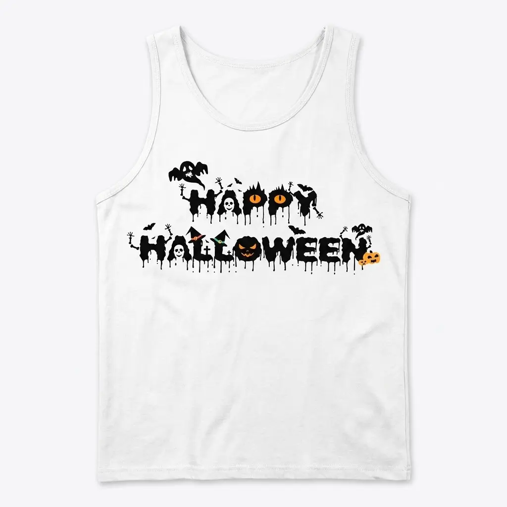Front flat lay of a tank top with the dripping Happy Halloween text and festive spooky icons.