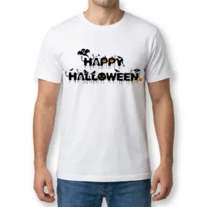 Dripping Happy Halloween Graphic T-Shirt 9 Front view of a male model wearing the dripping Happy Halloween graphic t-shirt.