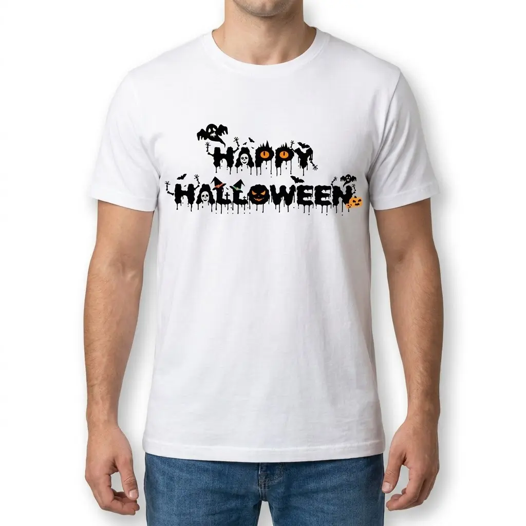 Front view of a male model wearing the dripping Happy Halloween graphic t-shirt.