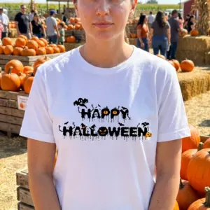 Dripping Happy Halloween Graphic T-Shirt 10 Lifestyle view showcasing the dripping Happy Halloween graphic t-shirt in everyday wear.
