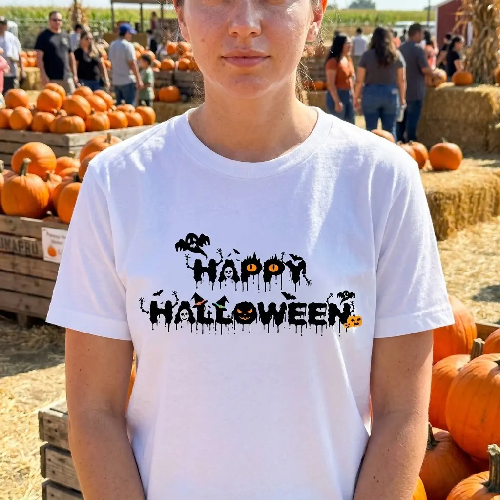 Lifestyle view showcasing the dripping Happy Halloween graphic t-shirt in everyday wear.