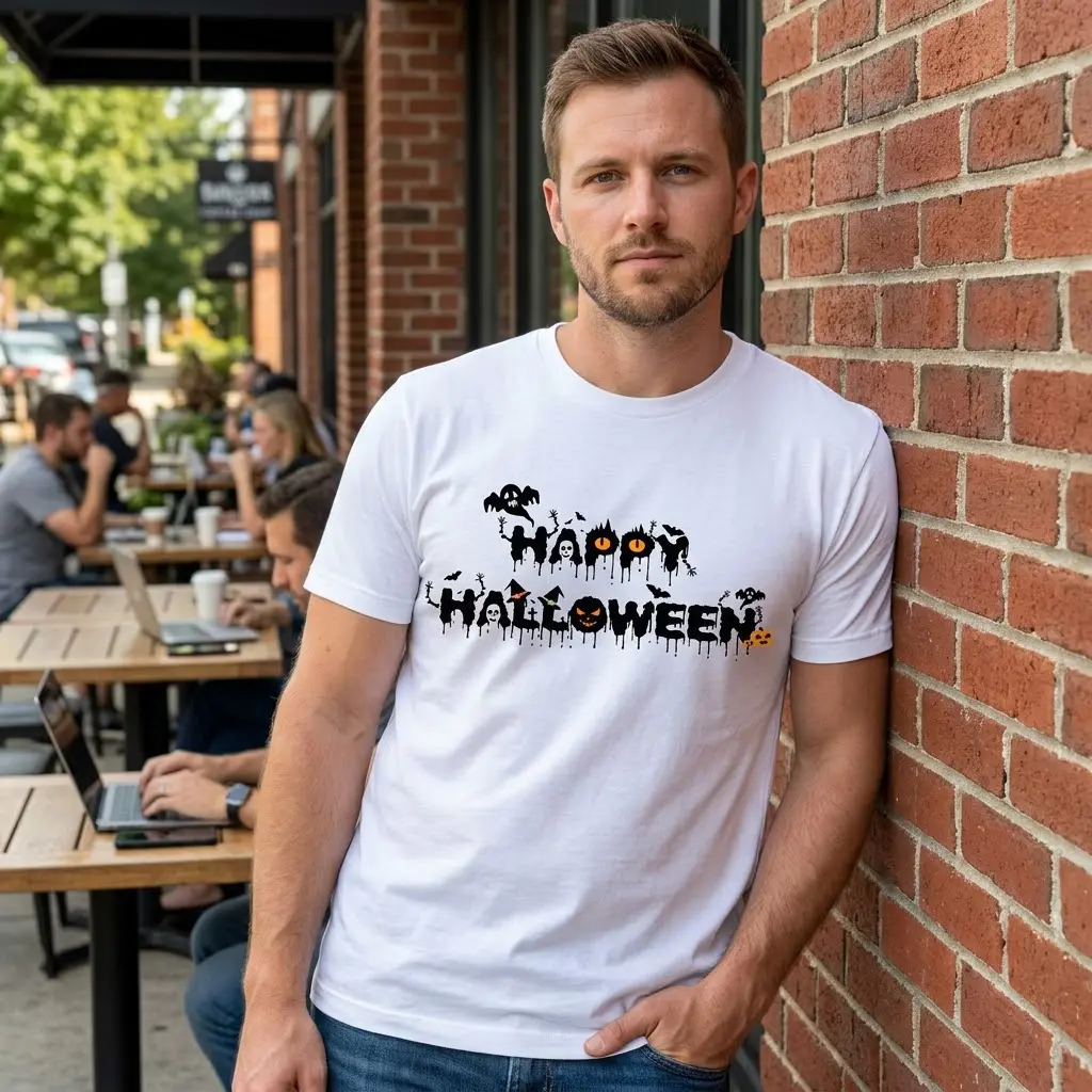 Alternate lifestyle setting featuring the festive dripping Happy Halloween apparel.
