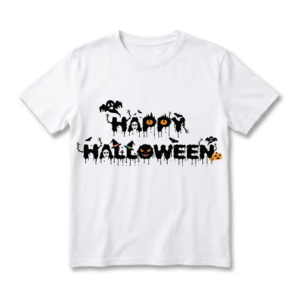 Front flat lay of a white t-shirt featuring dripping Happy Halloween text with ghosts, bats, and pumpkins.