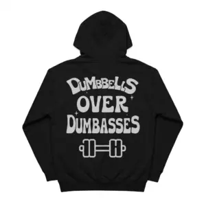 Dumbbells Over Dumbasses Funny Gym T-Shirt 7 Front view of Dumbbells Over Dumbasses gym shirt on a plain background.