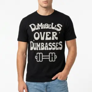 Dumbbells Over Dumbasses Funny Gym T-Shirt 8 Close-up detail of the text design on the Dumbbells Over Dumbasses shirt.