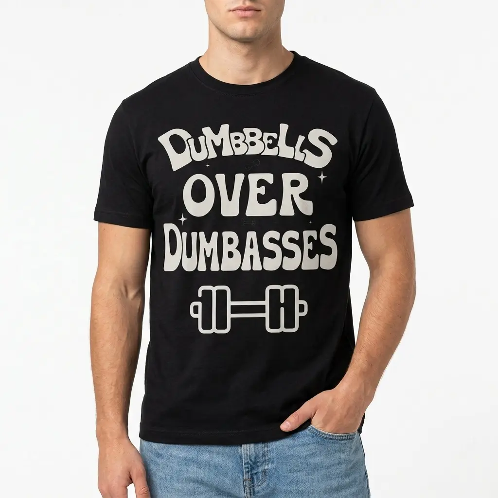 Dumbbells Over Dumbasses Funny Gym T-Shirt 3 Close-up detail of the text design on the Dumbbells Over Dumbasses shirt.